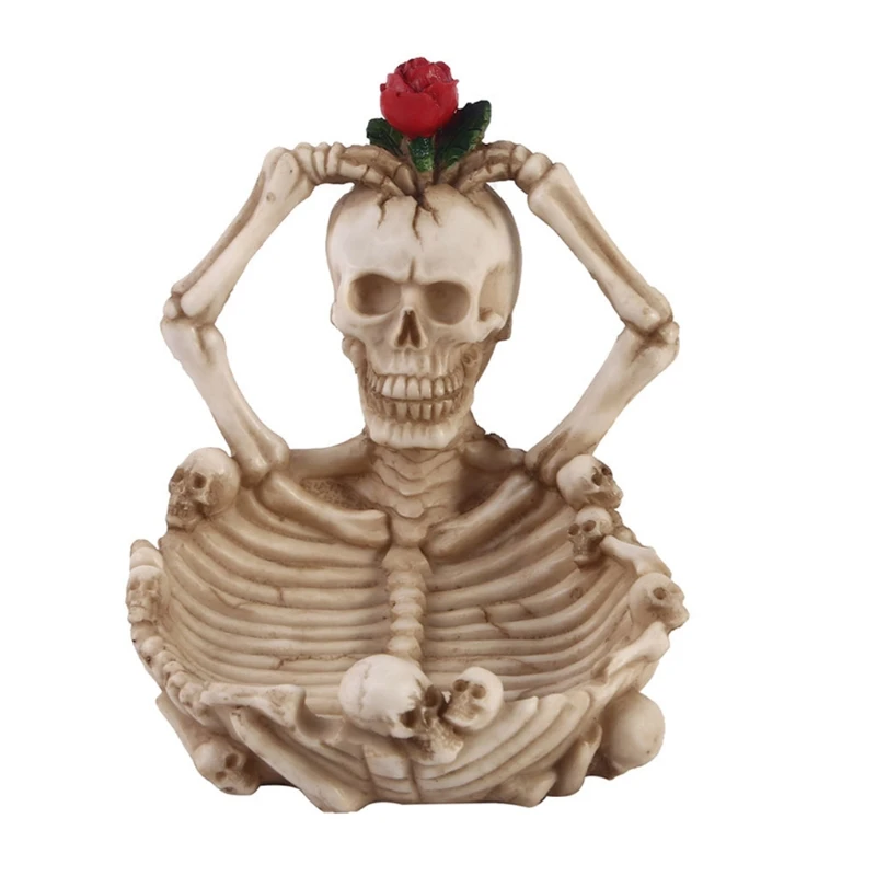 

Cigar Ashtray Halloween Skull with Rose Large Cigarette Ashtrays Skeleton Stand Resin Decoration Gift for Father Boyfriend