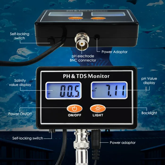 Двойной дисплей комбинированный pH& TDS монитор тестер 0,00~ 14.00pH& 0,0~ 199.9ppt w/ATC перезаряжаемый контроль качества воды в реальном времени