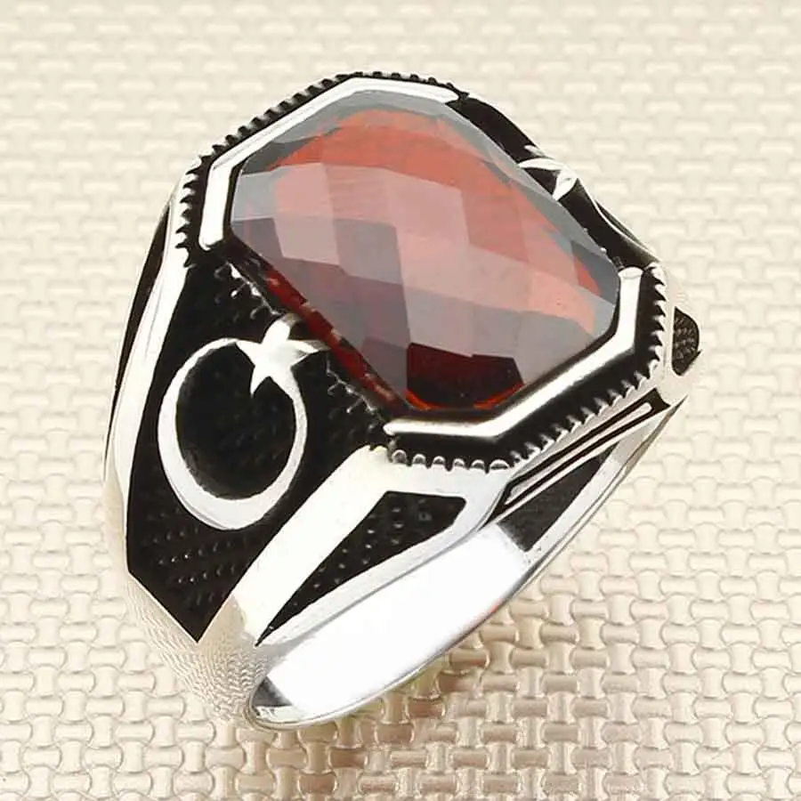 

Faceted Oval Red Zircon Gemstone Ring Crescent Star Style Ring Top Quality Fashionable Turkish Men Ring 925K Silver