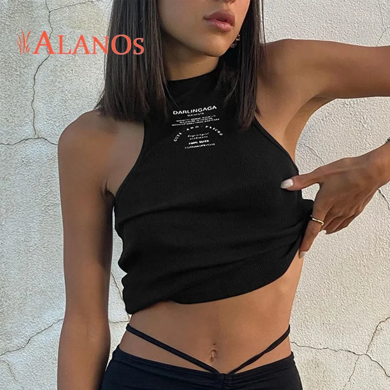 

ALANOS Rib Knit Women's Tank Top Summer Casual Basic Skinny Vest Sleeveless White Off Shoulder Y2K Sexy Woman Crop Top 2022 New