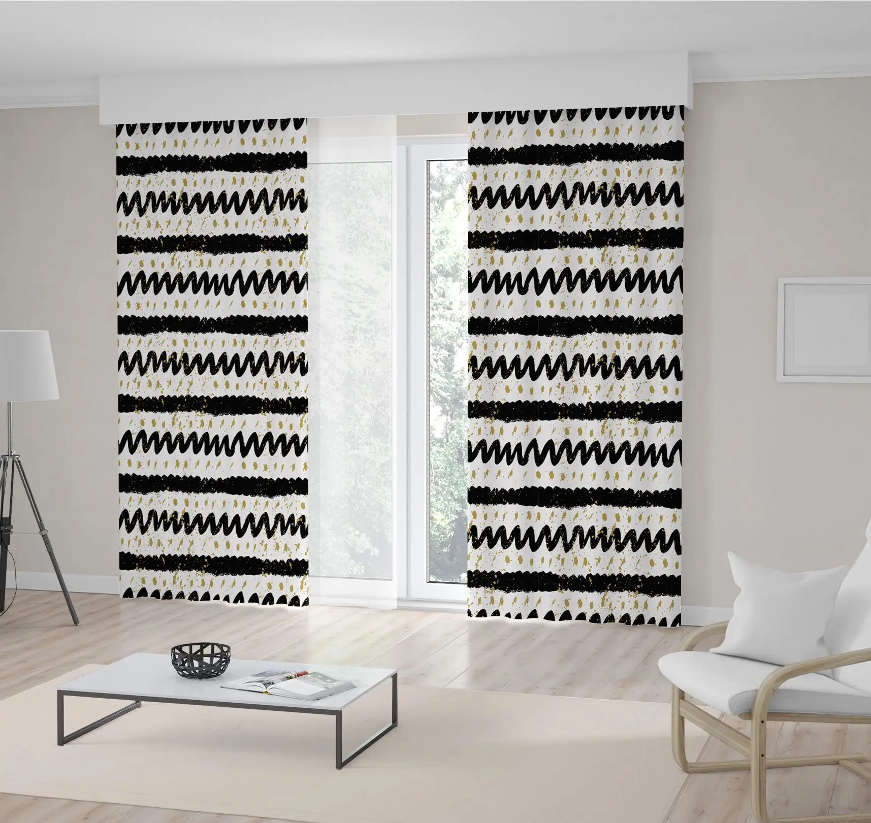 

Curtain Calligraphic Brush Gold Strokes and Dots Hand Drawn Black White Stripes Zigzag Modern Artwork