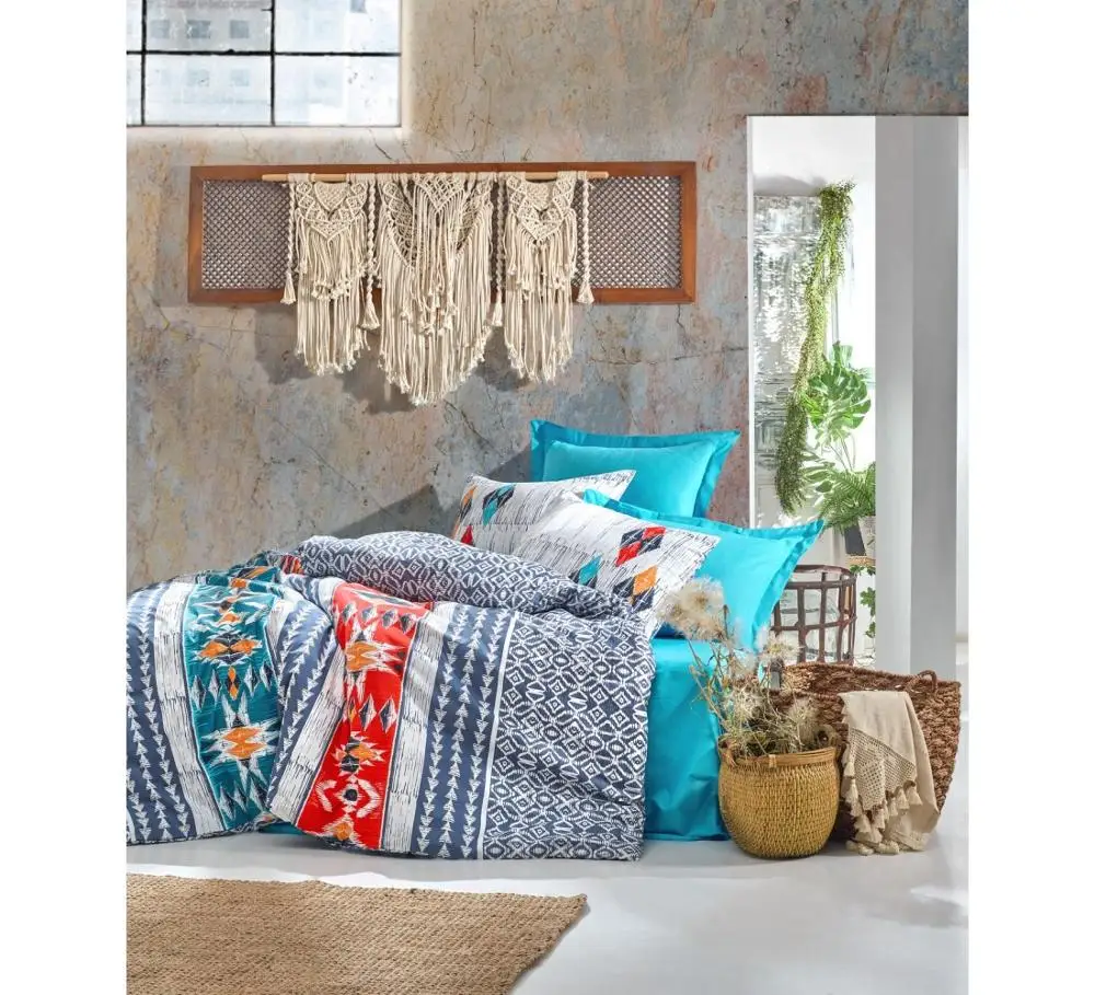 

100% Turkish Cotton Ethnic Geometric Bedding Set, Duvet Cover + Flat Sheet + Pillowcases, Made in Turkey