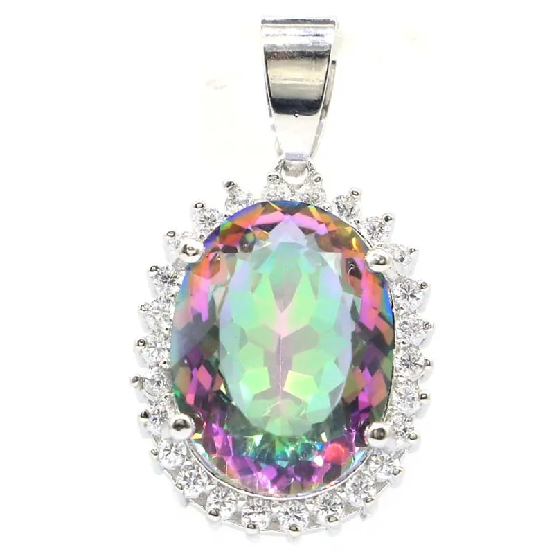 

29x16mm Oval Silver Pendant for Women Created Violet Tanzanite Fire Rainbow Mystic Topaz Garnet CZ Dating Hot Selling Daily Wear