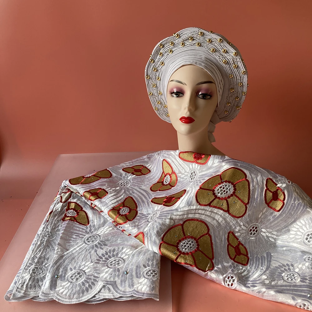 

White Embroidery Cotton African Dry Swiss Voile Lace Fabric In Switzerland And Stones Beaded Auto Gele Headtie Turban To Match