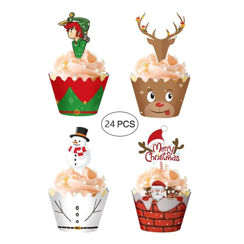 

24/48pcs Christmas Paper Cupcake Wrapper Christmas New Year Birthday Party Cake Decorations Tools Santa Claus Cake Topper