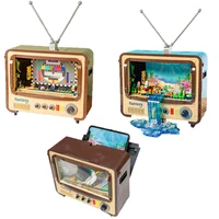 new diy mini retro tv creative phone holder model bricks moc home decoration building blocks toys for kids christmas gifts