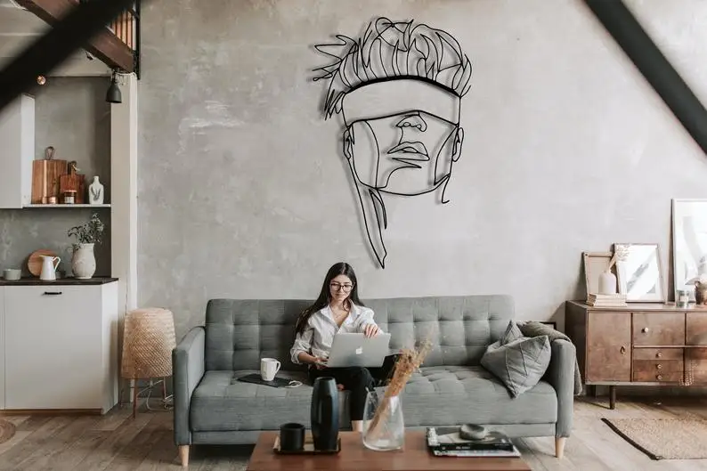 Arte de pared de l&iacute;nea, arte de pared de Metal de cara abstracta, arte minimalista, decoraci&oacute;n de pared de Metal geom&eacute;trico, decoraci&oacute;n de interiores, pared geom&eacute;trica Han-4