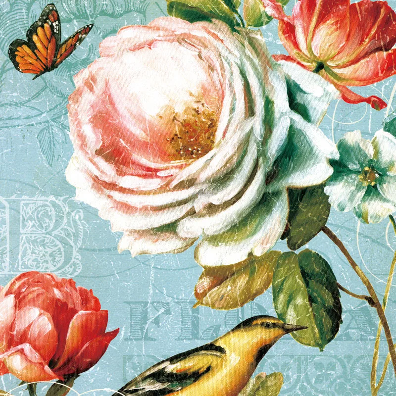 

American Pastoral Flower Retro Nostalgia Canvas Painting Bird Butterfly Wall Art Posters Prints Wall Pictures For Living Room