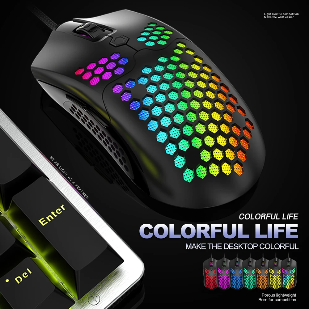 

M5 Gaming Mouse with RGB Lamp Effect 65G Lightweight Honeycomb Shell Ultralight Ultraweave Cable Pixart 12000 DPI Sensor for PC