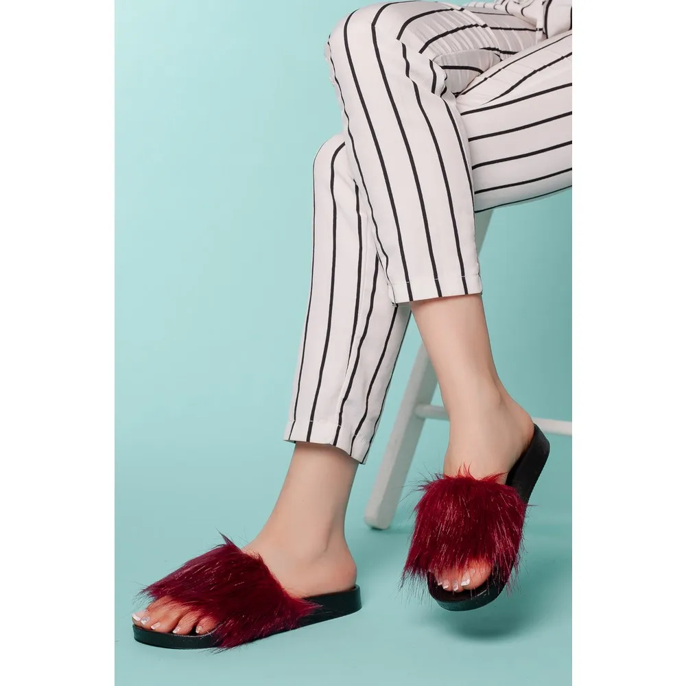 Women House Slippers Faux Fur Fashion Warm Shoes Woman Slip on Flats Female Slides Black Pink cozy home furry slippers sun