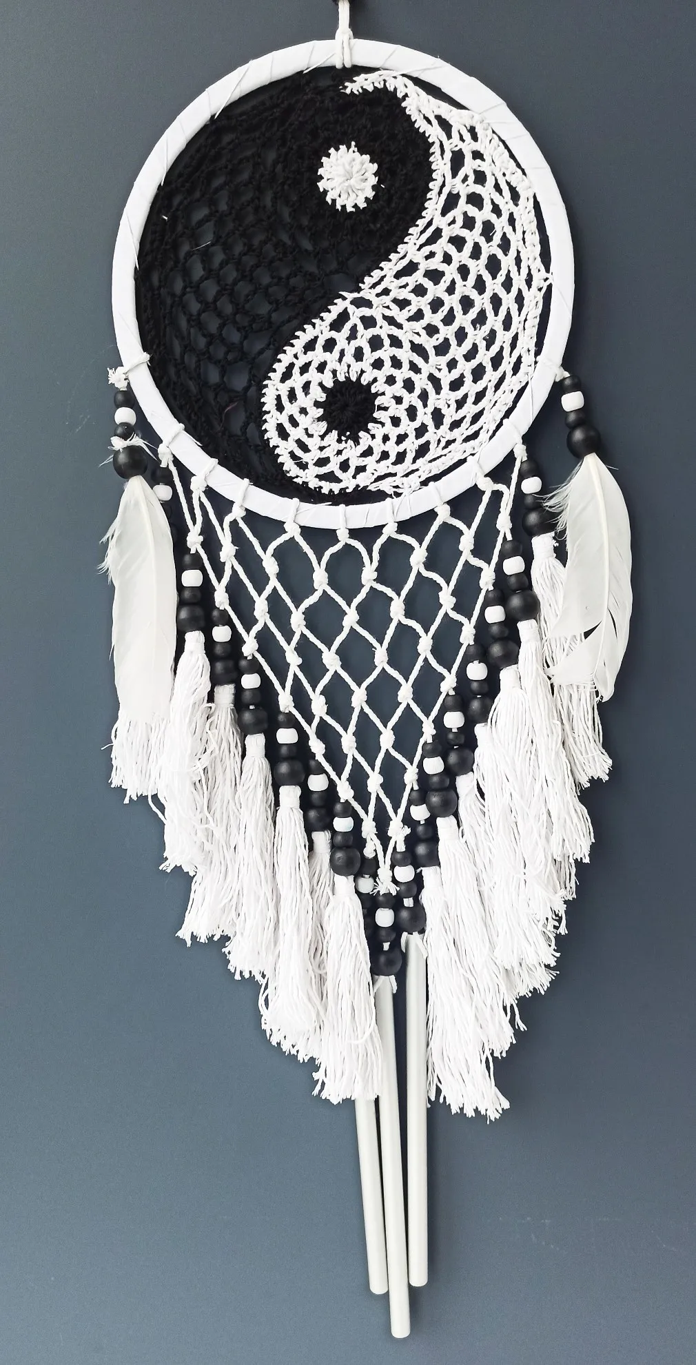 

Macrame Wall Decor with White Tassels, Wind Chimes, White And Black Beads