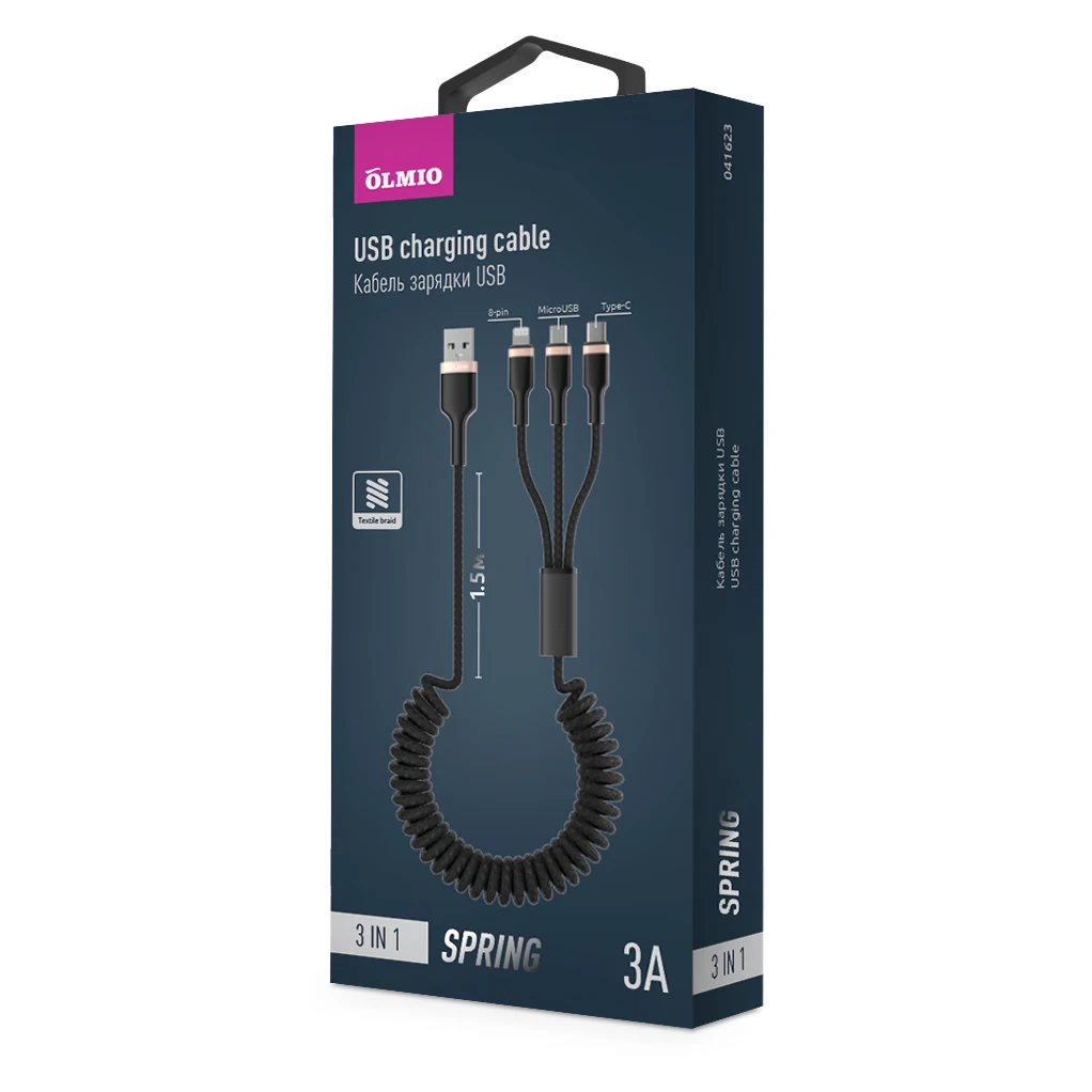 Витой кабель зарядки и передачи данных USB 2.0 - 3-в-1 microUSB/lightning/typeC 1.5м 3A SPRING OLMIO |