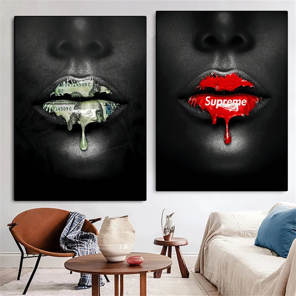 

Sexy African Woman Lips Canvas Art Posters And Prints Money Graffiti Art Wall Painting Pictures For Fashion Home Decorative