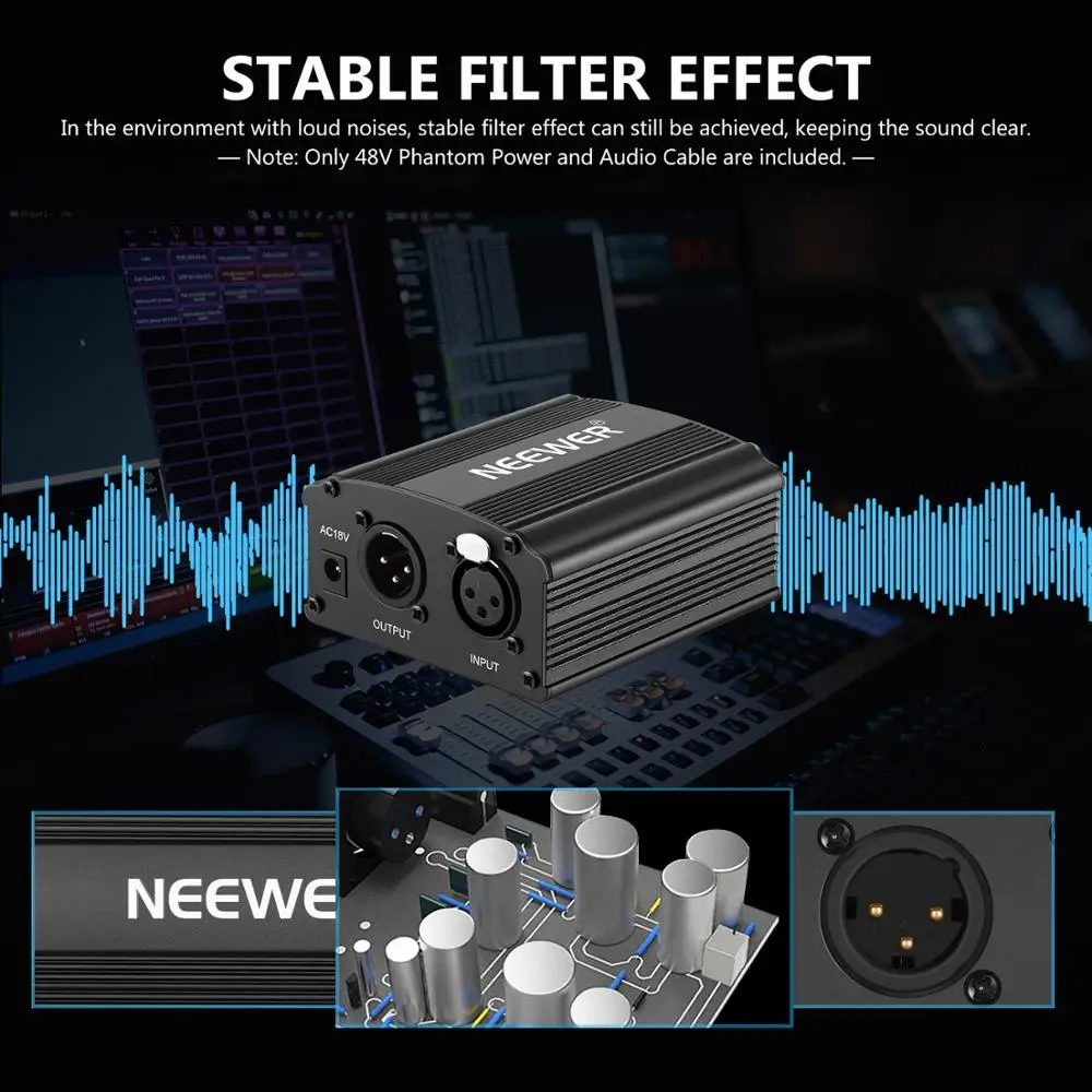 

Neewer 1- Channel 48V Phantom Power Supply with Adapter/Audio Cable for Condenser Microphone Music Recording Equipment(8 feet)