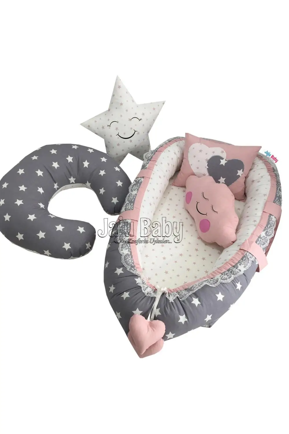 Jaju Baby Handmade Powder and Gray Star Luxury Orthopedic Babynest and Breastfeeding Pillow 5 Piece Bedding Set Mother Side Bed