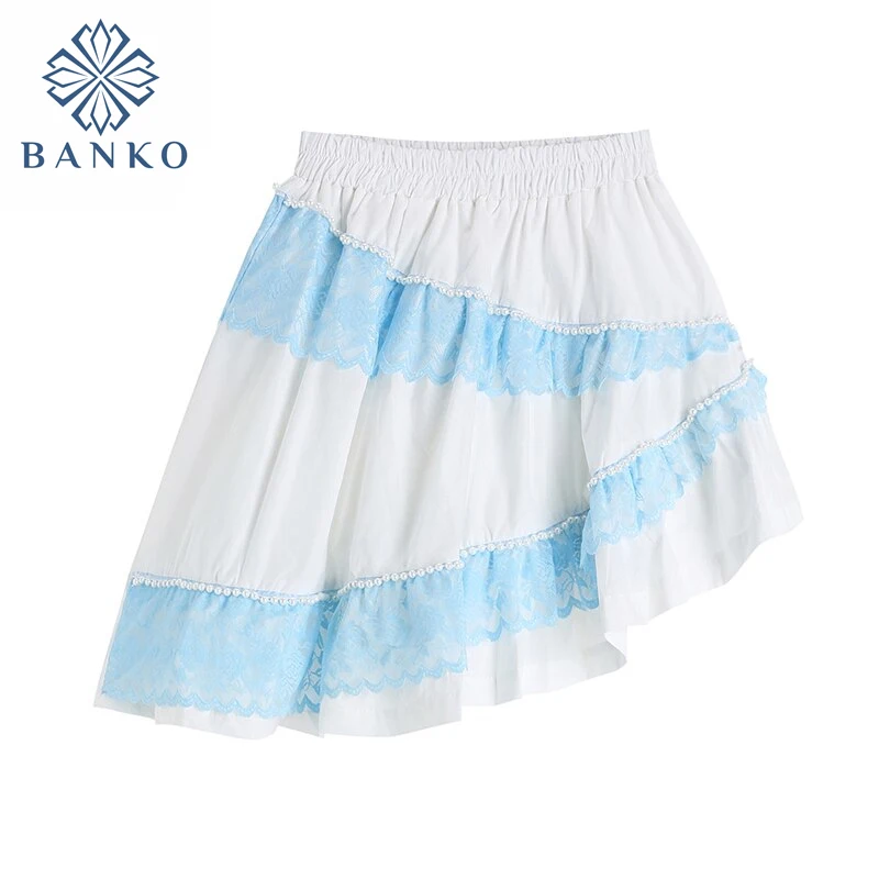 

Summer 2021 New Design Women Skirt Korean Style Sweet White High Waist Skirt Female Asymmetry Lace Patchwork Pleated Mini Skirts
