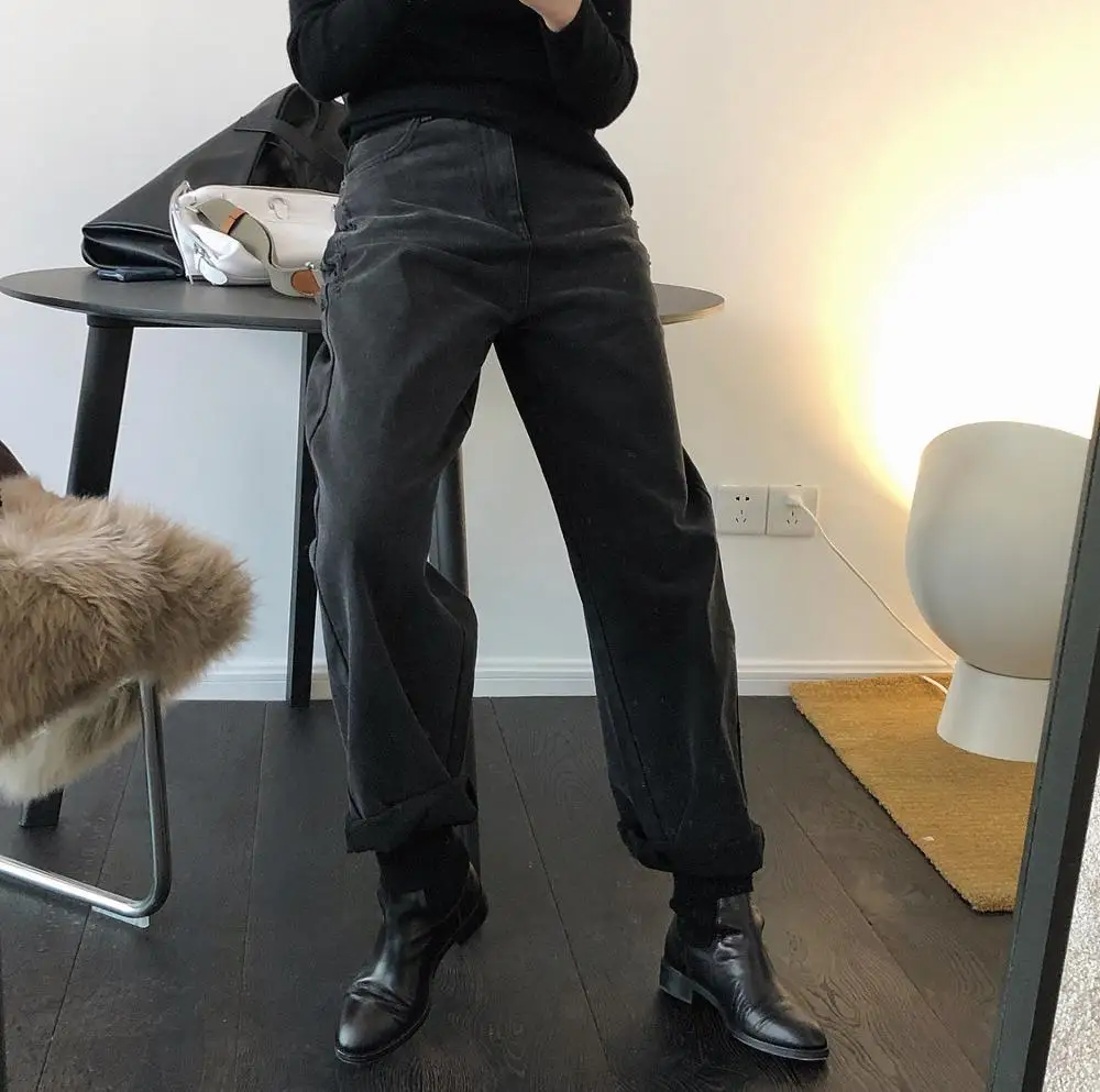

woman cotton straight black warm jeans