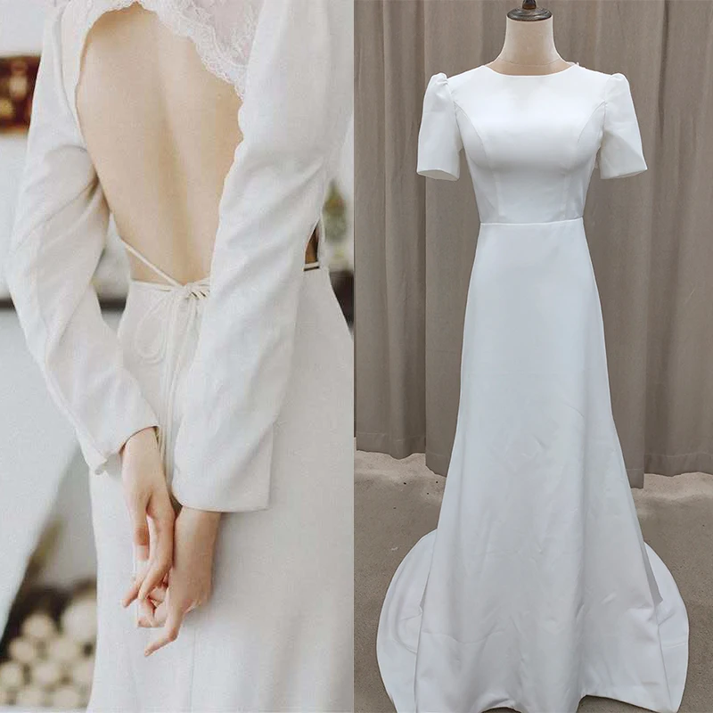 

Hollow Back Lace Bandage Wedding Dresses 2021 Vintage Satin Short Sleeve Bridal Gown Special Pageant Long Bridesmaid Dress 3142#