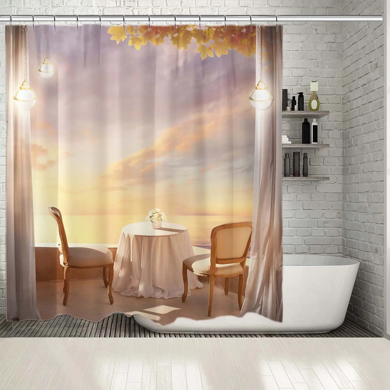 Занавеска для душа Романтический завтрак рассвет вид на море Санрайз балкон со