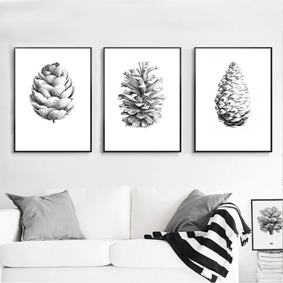 Ручная роспись сосновые конусы холст картина черно белые скандинавские