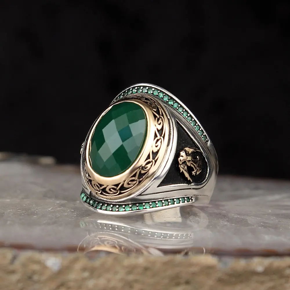 

Zircon 925 Silver Engraved Traditional Handmade Turkish Signet Ring Jewelry Gift for Women Men