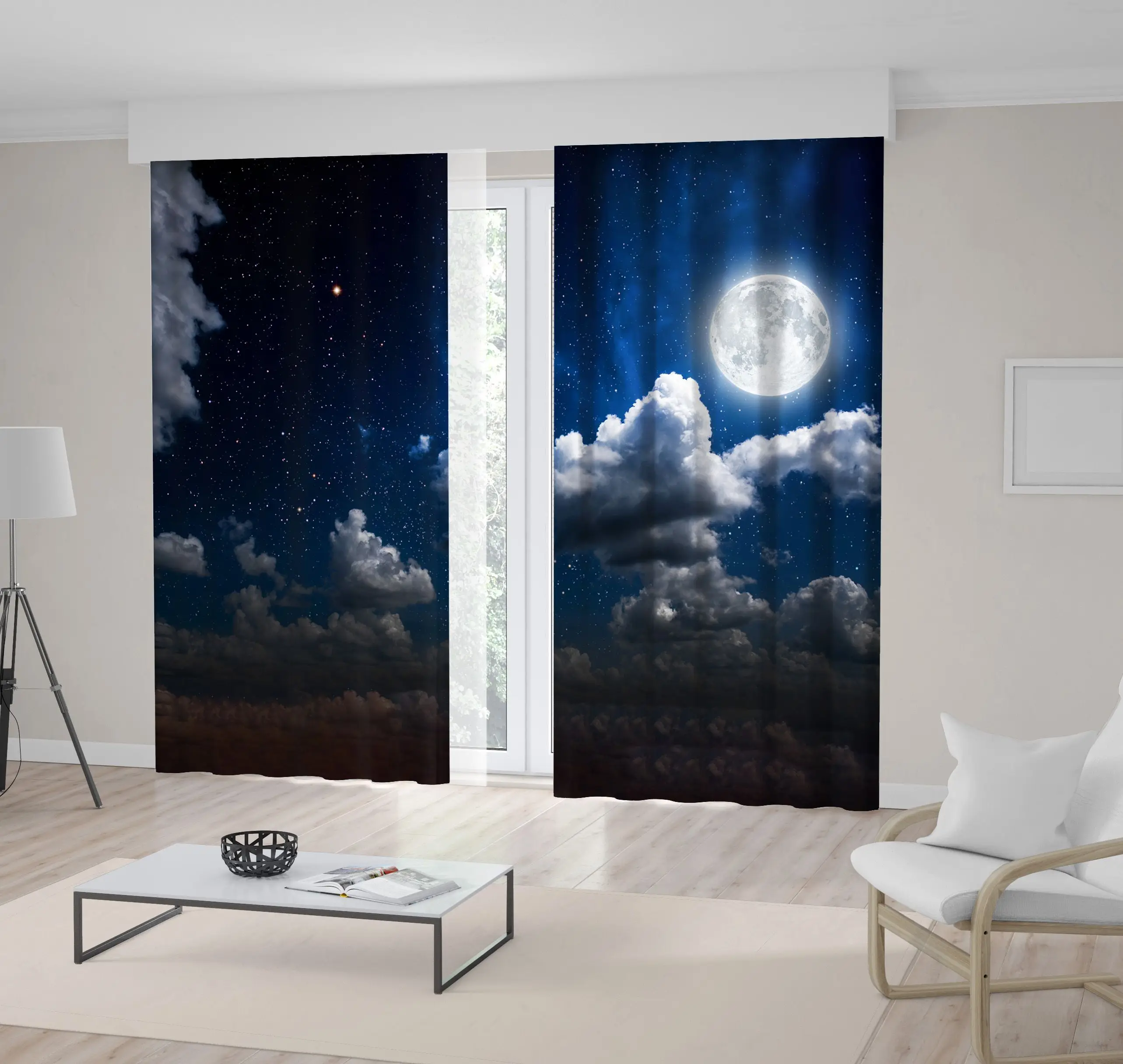 

Curtain Night Sky with Glowing Stars Full Moon and Clouds Magical Space Galaxy Moonlight Scenery Blue White