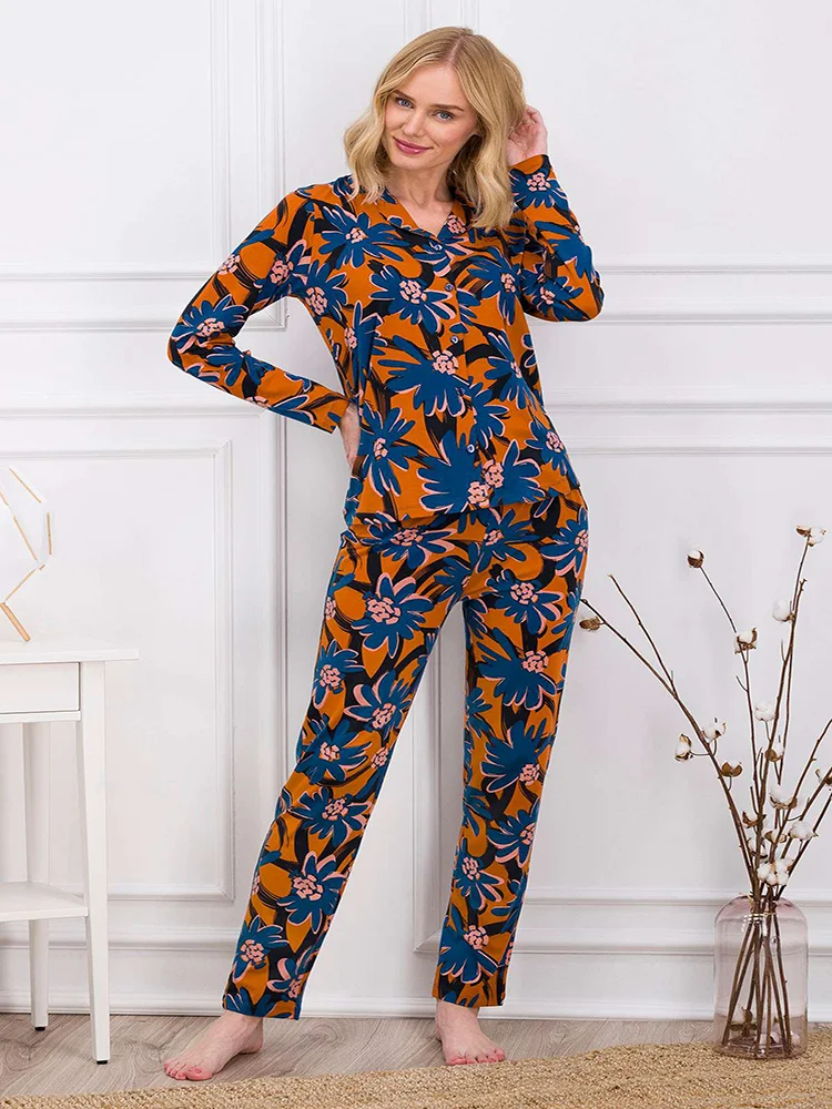 Floral Pattern Long Sleeve Modal Fabric Orange Color Shirt And Pants 2 Piece Pajamas Suit 2022 New Fashion Women Home Wear