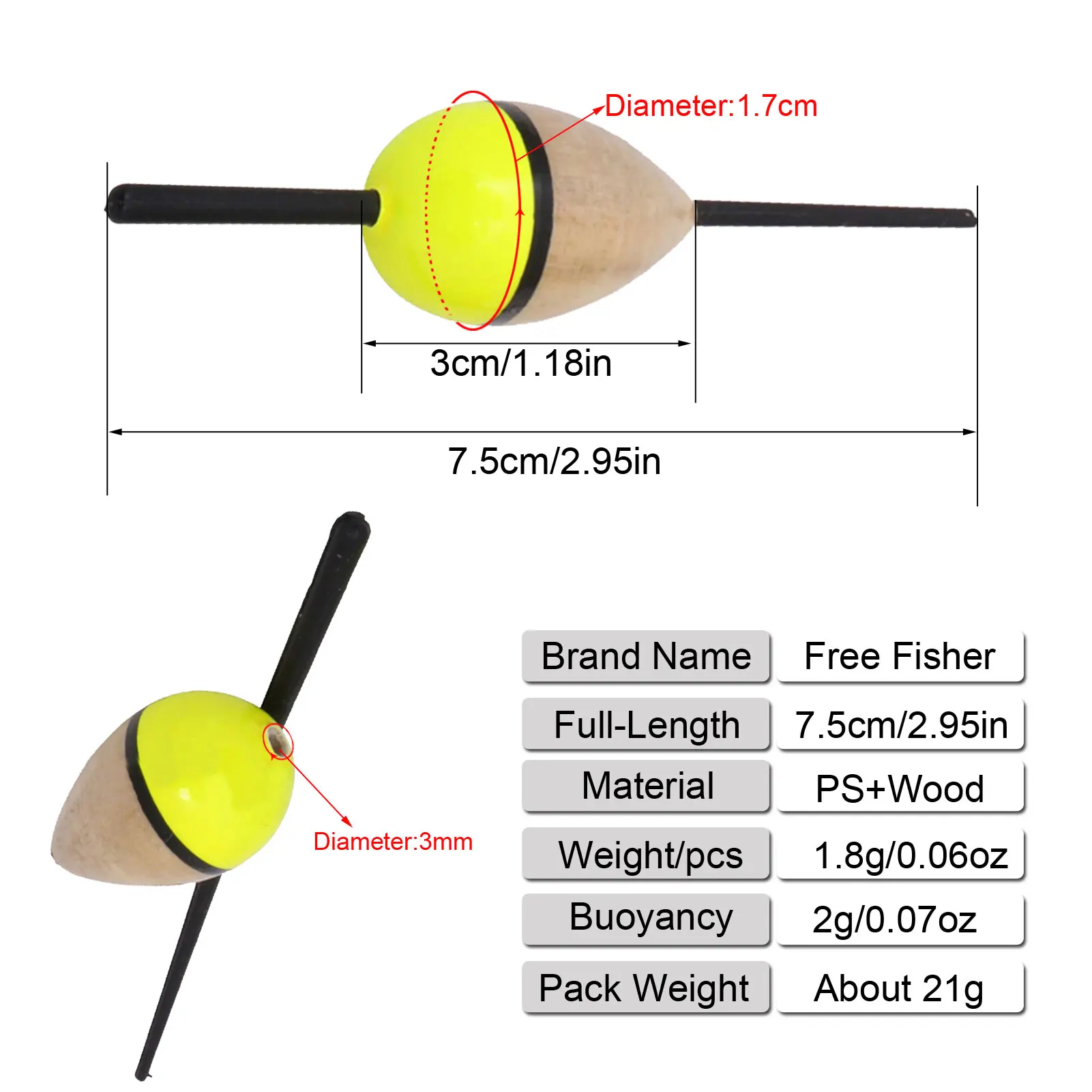 10 Pcs/Set Fishing Bobber Cork Float Yellow Lighted Paulownia Buoy Wood 1.8g/7.5cm Fishing Tackle Accessories Flotteur Peche
