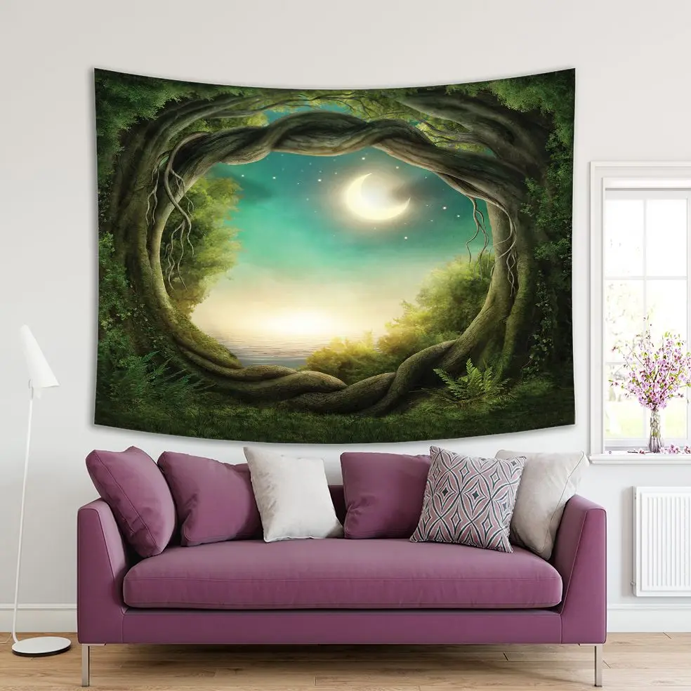 

Tapestry New Moon Stars Summer Sky Moonlight Reflection on Sea View from Dark Forest Trees Woodland Green Yellow
