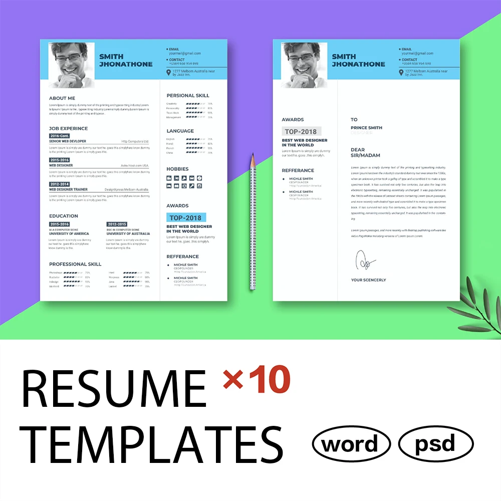 

10 Themes One Page Multiple Color Professional Clean Simple Modern Executive CV Resume Template Word Docx Photoshop PSD Template