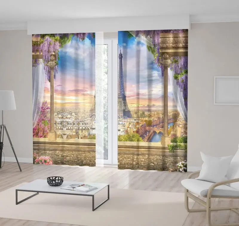 Занавеска с панорамным видом на Эйфелеву башню восхода солнца террасы цветастое