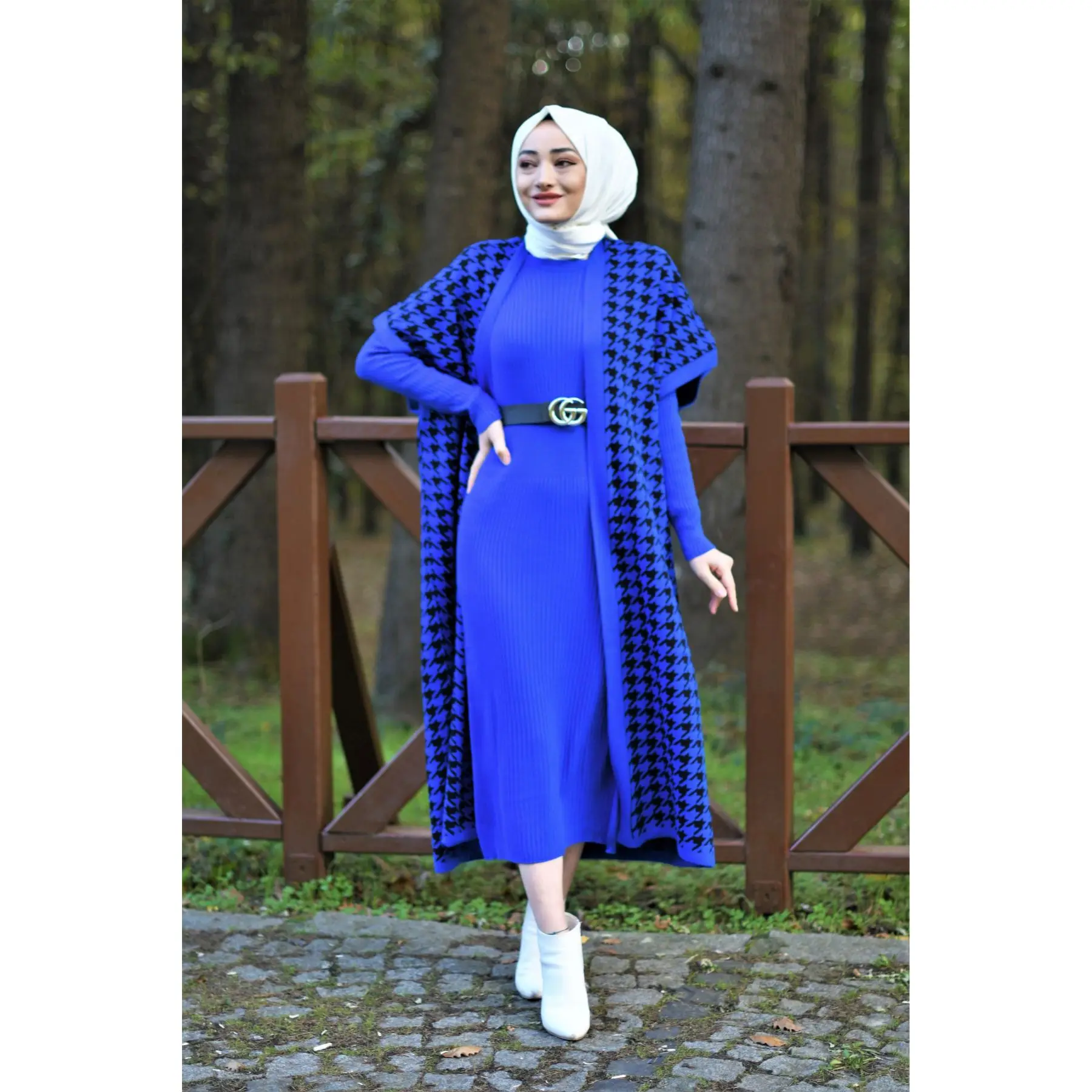 2 Piece Women's Set Crowbar Patterned Knitwear Maxi Turtleneck Dress and Cardigan Long Sleeve Turkey Muslim Fashion Dubai |