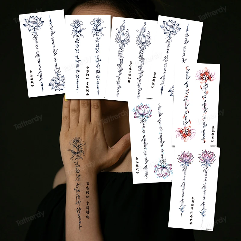 

fake tattoo water transfer lotus letter words arm temporary tattoo sticker waterproof sleeve hand leg tattoos for women beauty