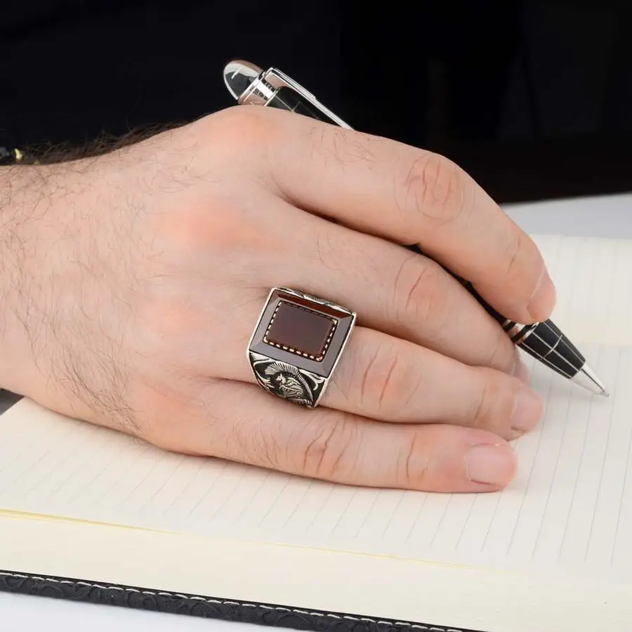 

925 Sterling Warrior Figured Rectangle Burgundy Agate Stone Silver Men's Ring Fashion Turkish Premium Quality Handmade Jawelery