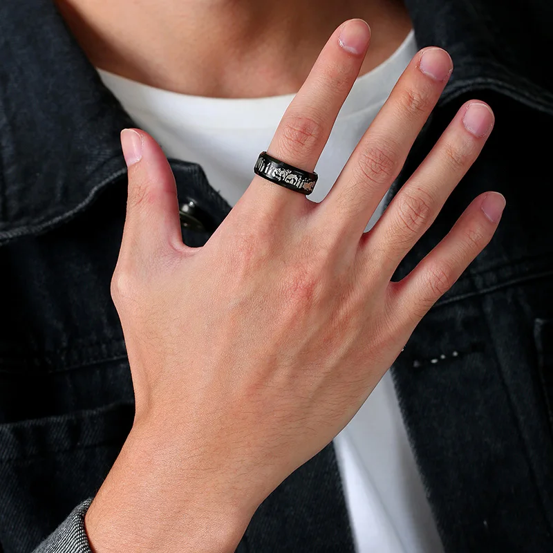 Гравировка животных природы и кольцо с лесом мужское из нержавеющей стали