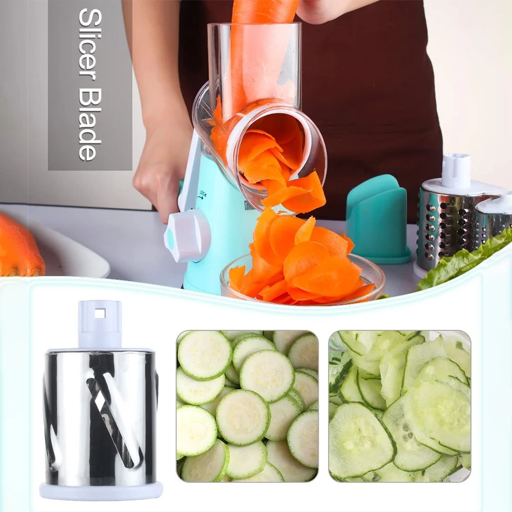 rotary cheese grater vegetable cutter mandoline slicer food crusher chopper with 3 steel roller blade kitchen gadget accessories free global shipping