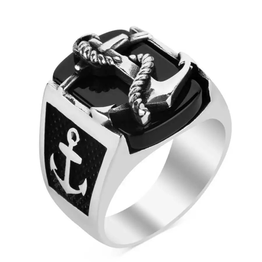 

Мужское кольцо с якорем из стерлингового серебра 925 пробы с черным ониксом, модное турецкое высококачественное кольцо ручной работы