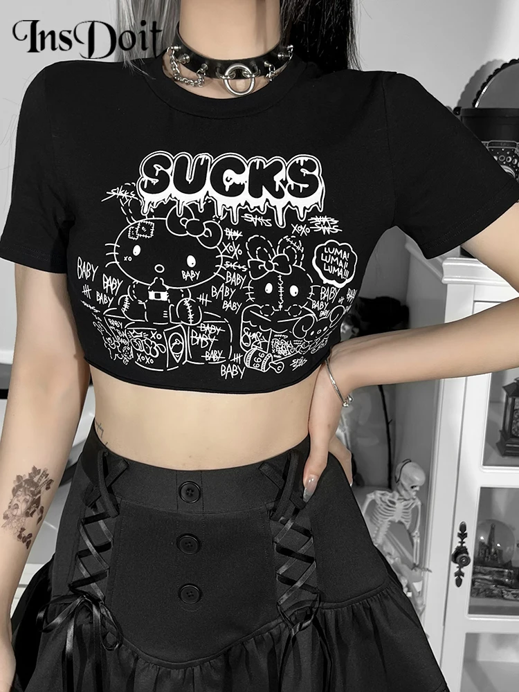 

InsDoit Gothic Clothes Black Sexy Women's T-shirt Streetwear Harajuku Print Summer Crop Top Short Sleeve O-neck Fashion T-shirts