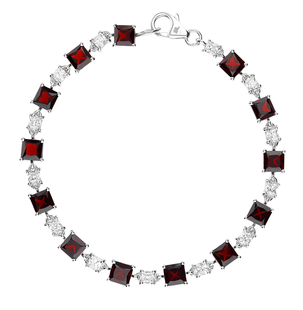 Серебряный браслет с фианитами и гранатом SUNLIGHT проба 925|Гибкие жесткие браслеты| |