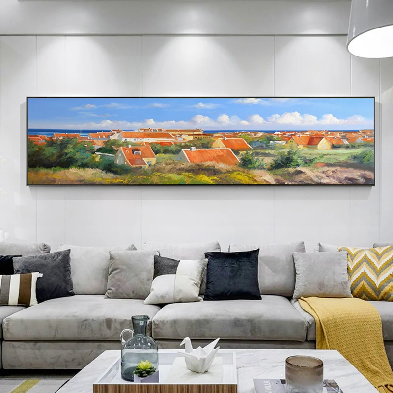 

Nordic Style Blue Sky Seaside Village House Modern Abstract Canvas Painting Sofa Background Decoration 24X48Inch(60X120CM)