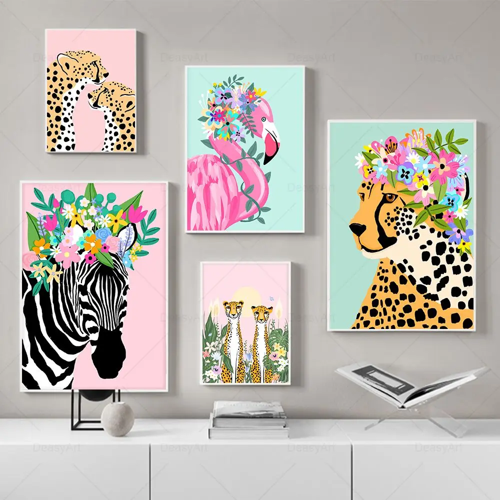 

Cute Funny Animal Floral Zebra Tiger Aesthetics Canvas Painting Nordic Poster and Print Wall Art Pictures Living Room Home Decor