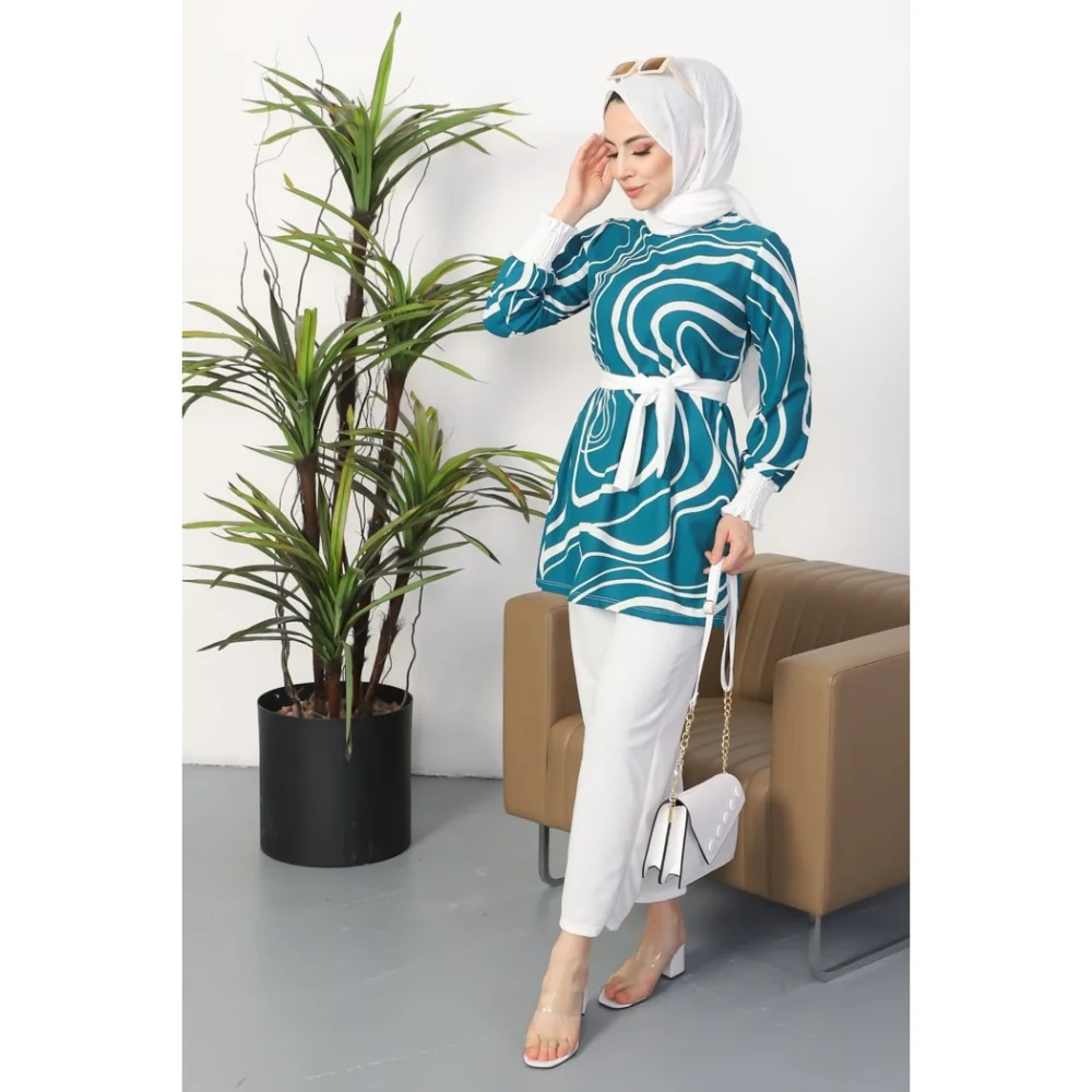 Zigzag Pattern Belted Arras Tunic Pants Double Hijab Suit muslim dress women abaya kaftan modest dress abayas for women abaya tu
