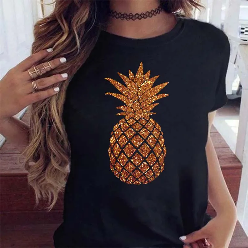 

New Women's Tops Fashion Gold Pineapple Printing Short Sleeve T Shirt Harajuku Streetwear Soft Tops Woman T-shirt Clothing