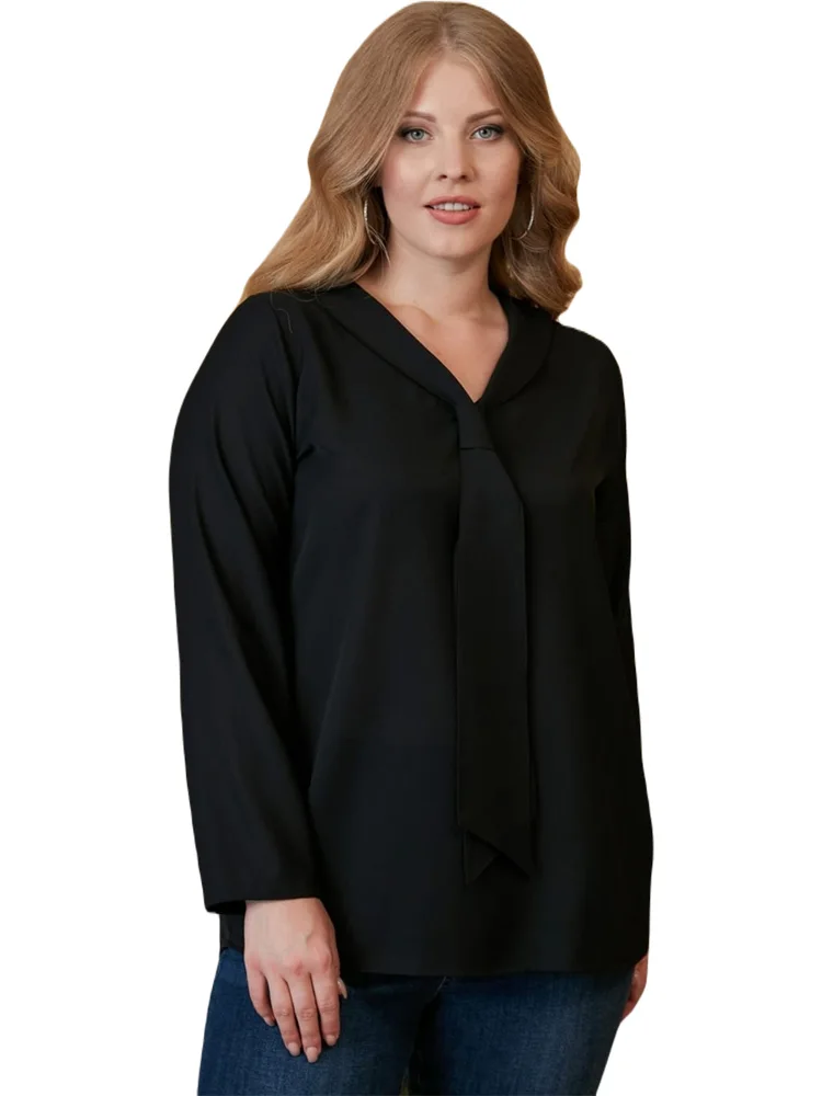 

Women's New Season Latest Trend Large Size Tie Detail Comfortable and Convenient Affordable Elegant Black Blouse