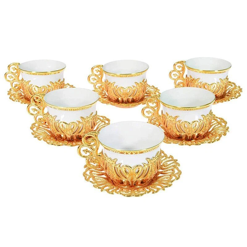 

Turkish Greek Arabic Coffee Espresso Cup Saucer Set 6 Person Gold Mix Color High Quality Zamac and Porcelain Made in Turkey