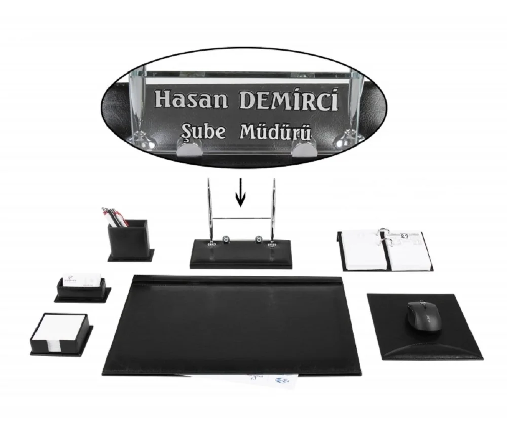CEYHAN Office Business Black Leather Desk Set Desk Pad Set Crystal Table Nameplate Name Plate Tag Chief Organizer