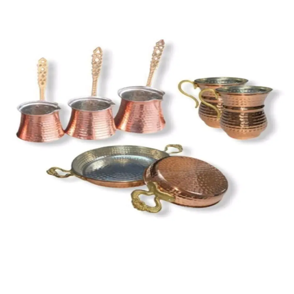 

Турецкий медный кофейник ручной работы и чашка из плиты большого размера набор 7 шт. Аутентичные оловянные стильные кухонные изделия для за...