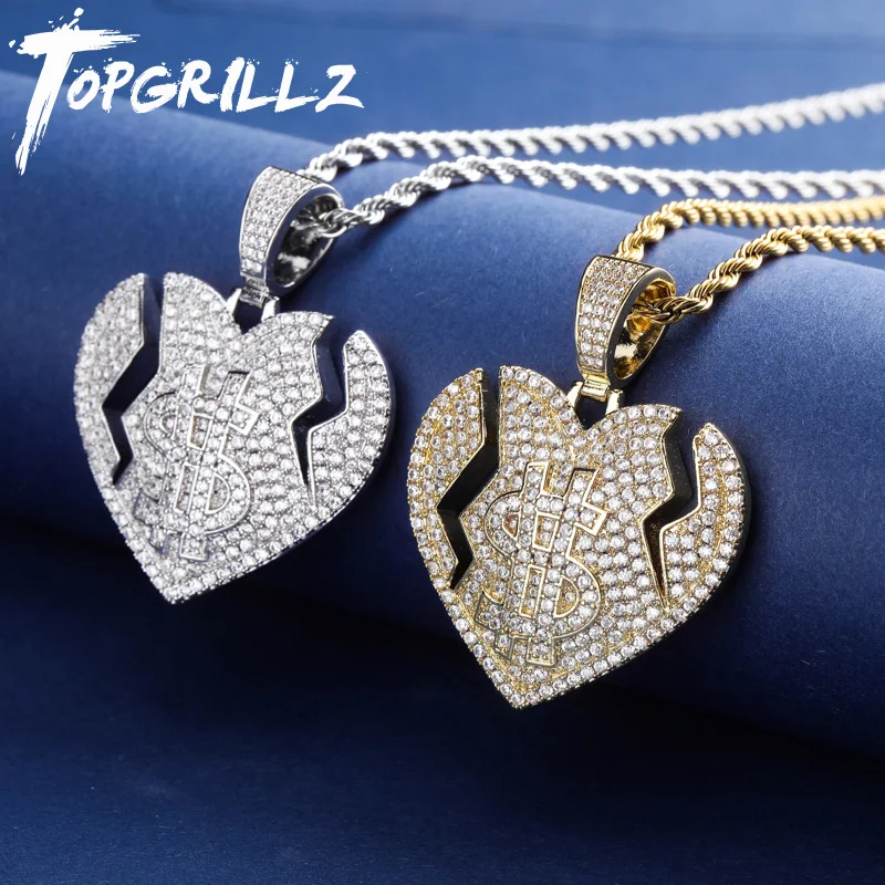 Ожерелье TOPGRILLZ с кулоном в виде сердца 4 мм теннисная цепь золотого и серебряного