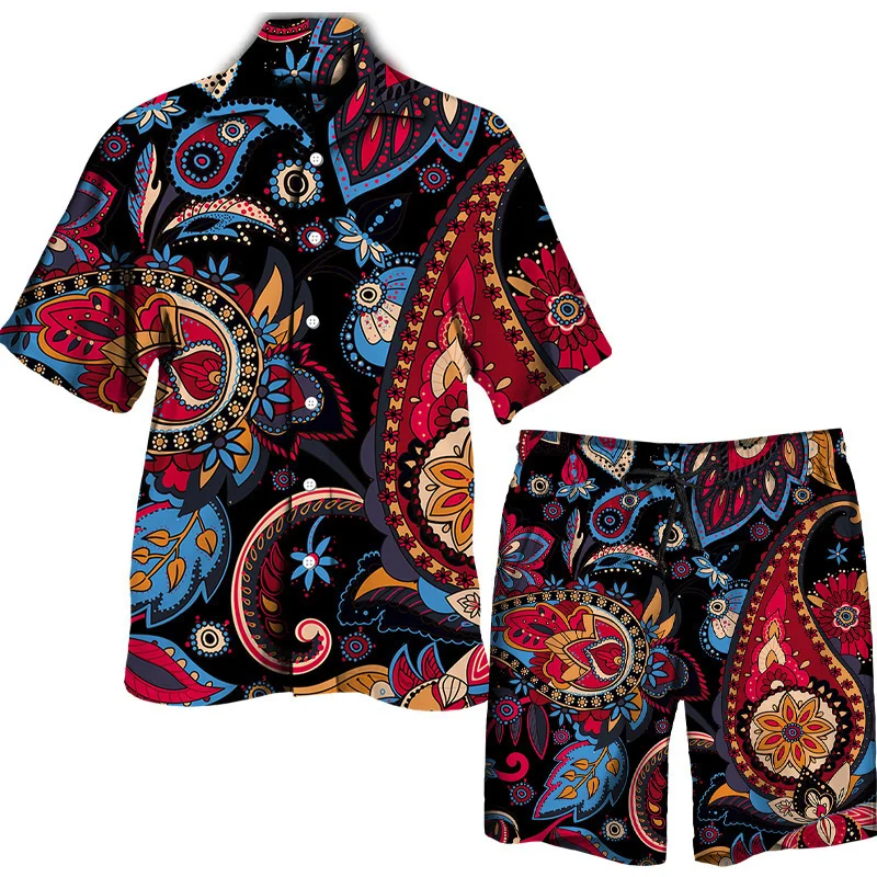 

NEW Summer Men Hawaiian Sets Cashew flowers Print Short Sleeve Button Shirt Beach Shorts Streetwear Casual Mens Suit 2 Pieces