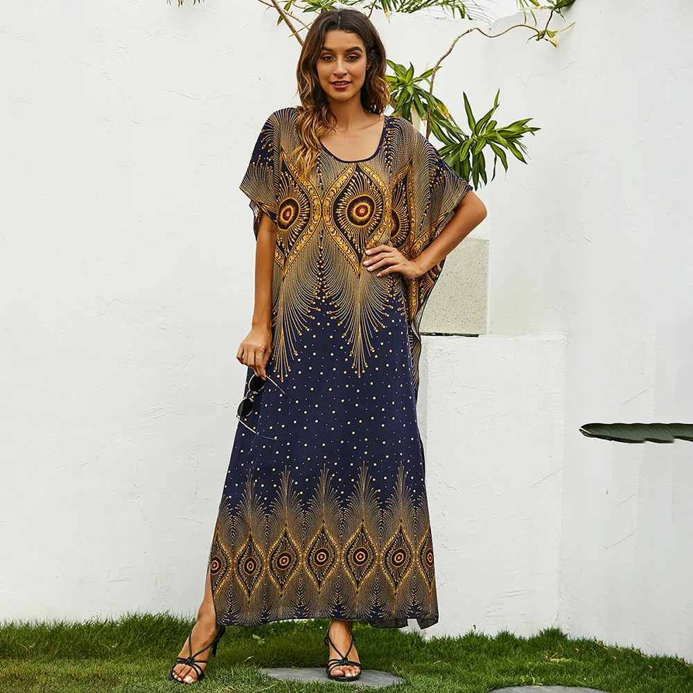 Летняя мода Новый Ближний Восток Дубай Свободный халат Отдых Турция Длинная юбка печати Большой размер Абая Женское платье